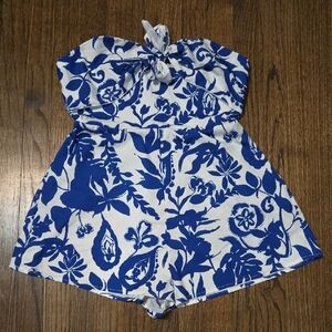 Blue & White Floral Strapless Romper